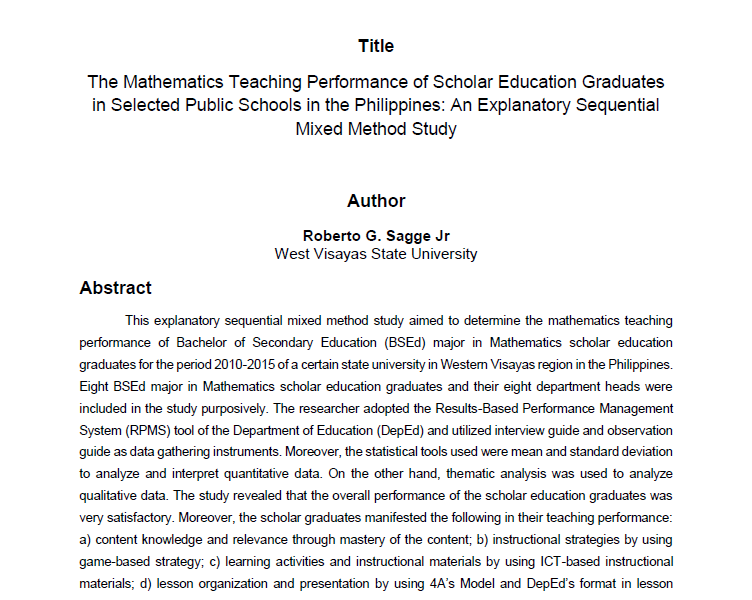 The Mathematics Teaching Performance of Scholar Education Graduates in Selected Public Schools in the Philippines: An Explanatory Sequential Mixed Method Study